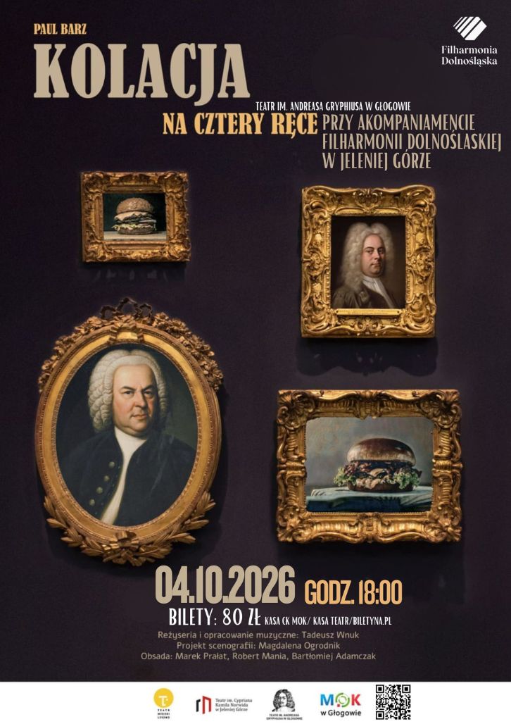 Plakat: KOLACJA NA CZTERY RĘCE - spektakl przy akompaniamencie Filharmonii Dolnośląskiej w Jeleniej Górze 